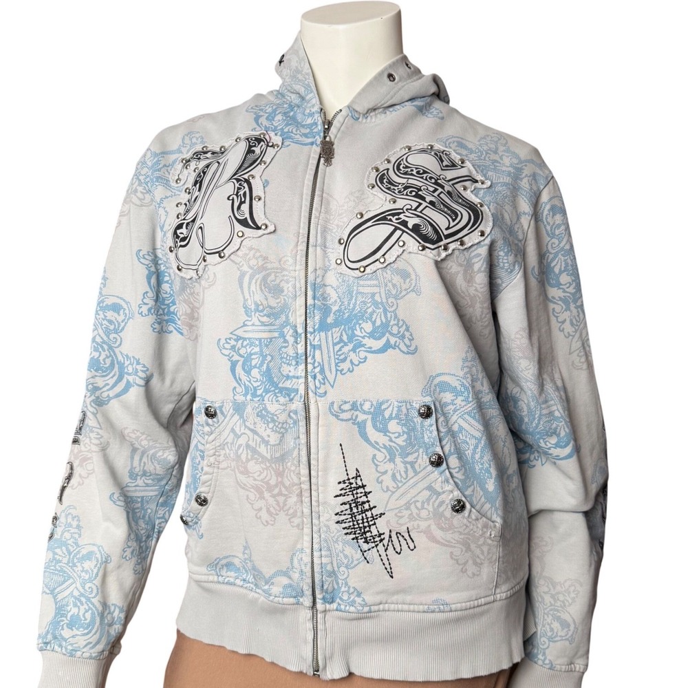Vintage Y2K Rebel Spirit Full Zip Hoodie Skull Graphic Studs Grunge McBling 3XL